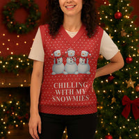 Chilling With My Snowmies Christmas Knitted V-Neck Vest Xmas Holiday Patterns - Wonder Print Shop