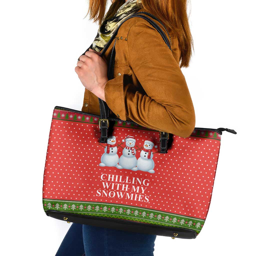 Chilling With My Snowmies Christmas Leather Tote Bag Xmas Holiday Patterns - Wonder Print Shop