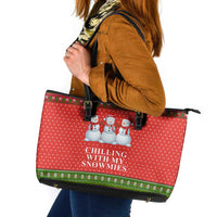 Chilling With My Snowmies Christmas Leather Tote Bag Xmas Holiday Patterns - Wonder Print Shop