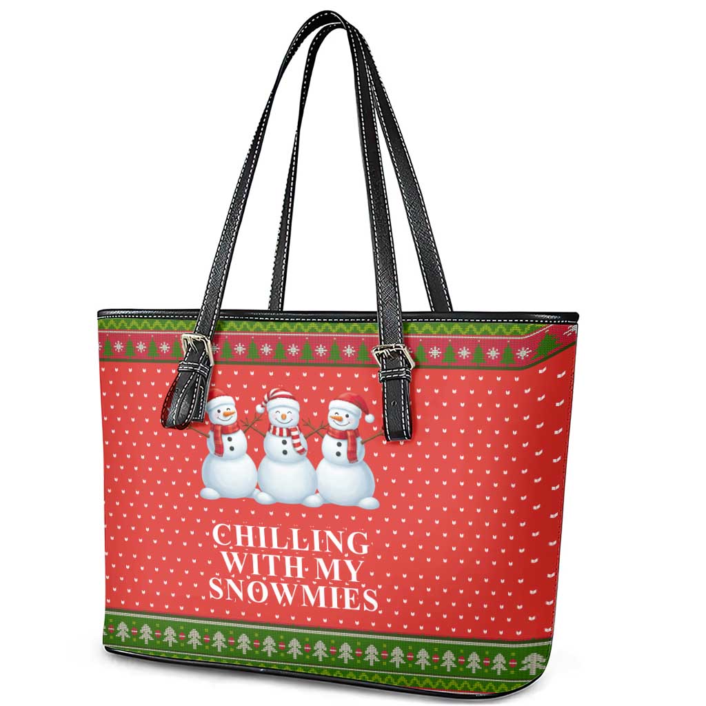 Chilling With My Snowmies Christmas Leather Tote Bag Xmas Holiday Patterns - Wonder Print Shop