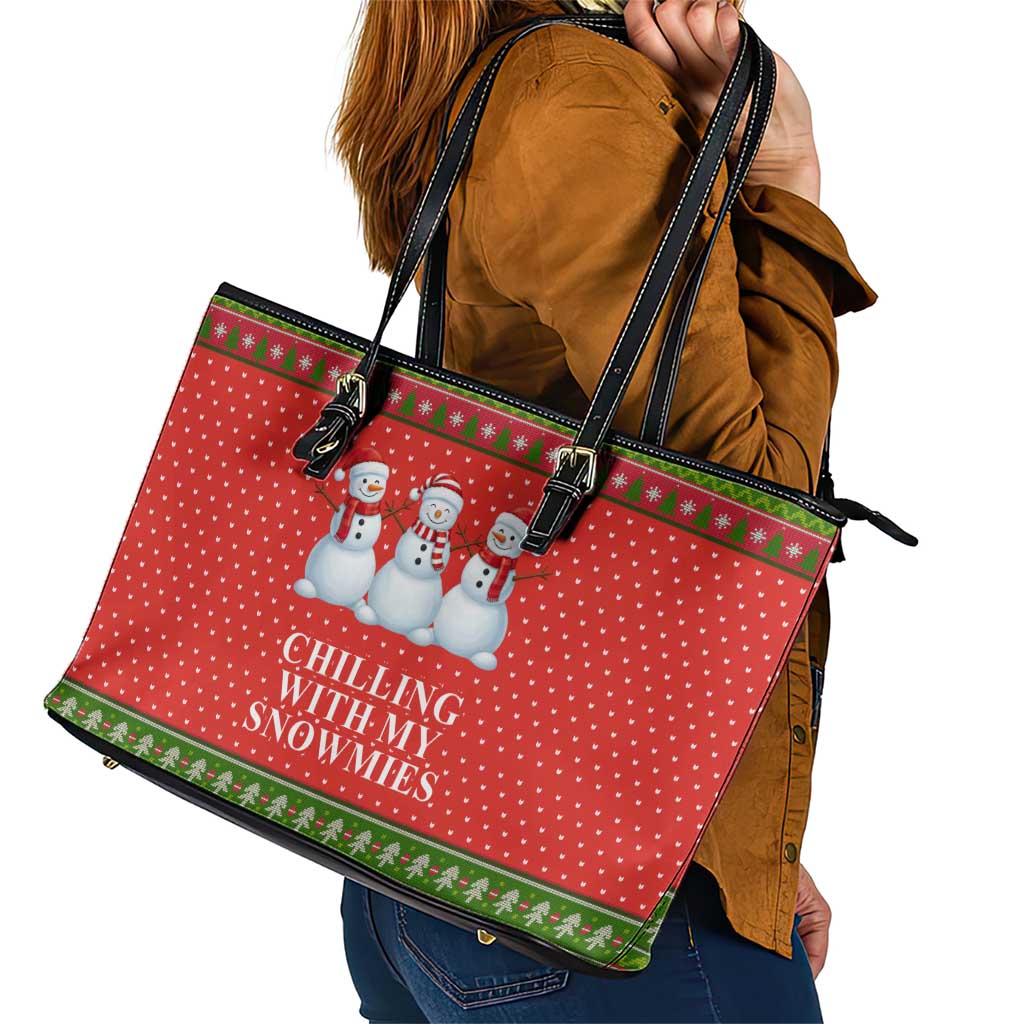 Chilling With My Snowmies Christmas Leather Tote Bag Xmas Holiday Patterns - Wonder Print Shop