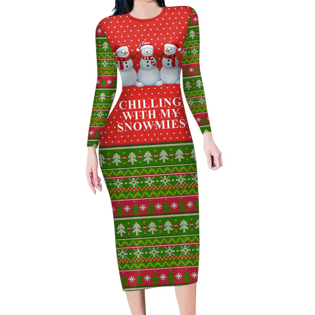 Chilling With My Snowmies Christmas Long Sleeve Bodycon Dress Xmas Holiday Patterns - Wonder Print Shop