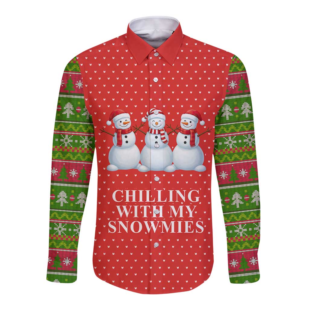 Chilling With My Snowmies Christmas Long Sleeve Button Shirt Xmas Holiday Patterns - Wonder Print Shop