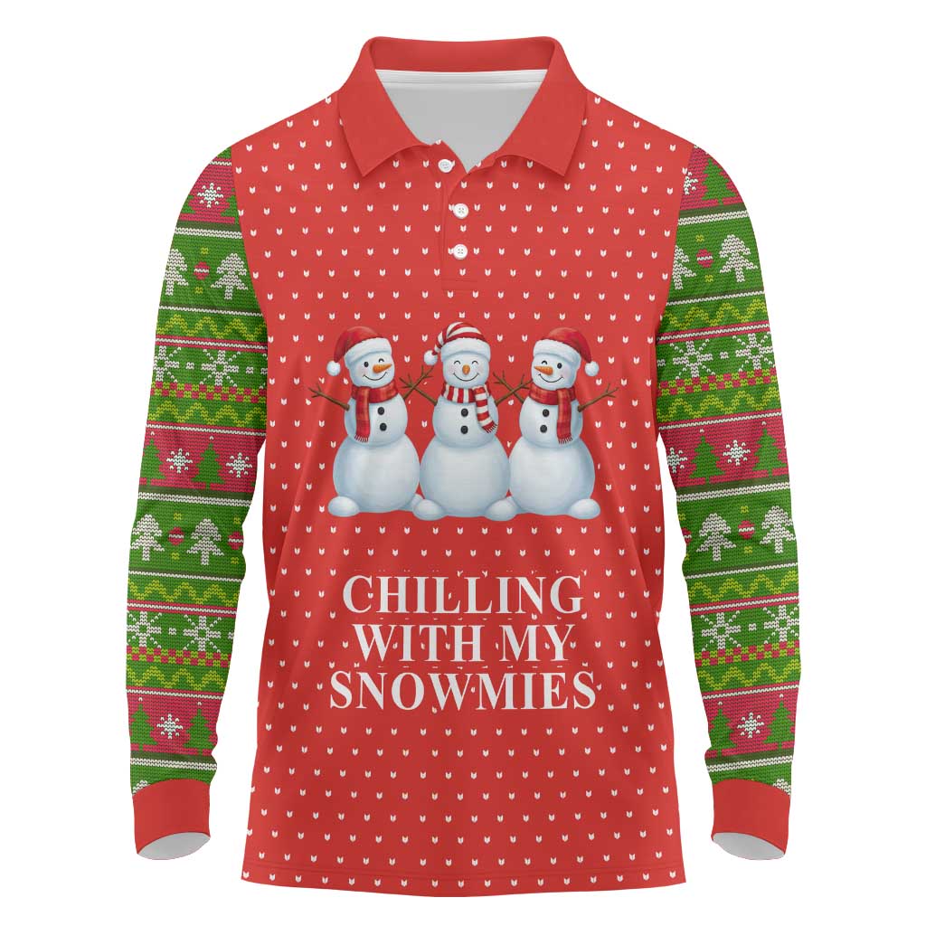 Chilling With My Snowmies Christmas Long Sleeve Polo Shirt Xmas Holiday Patterns - Wonder Print Shop