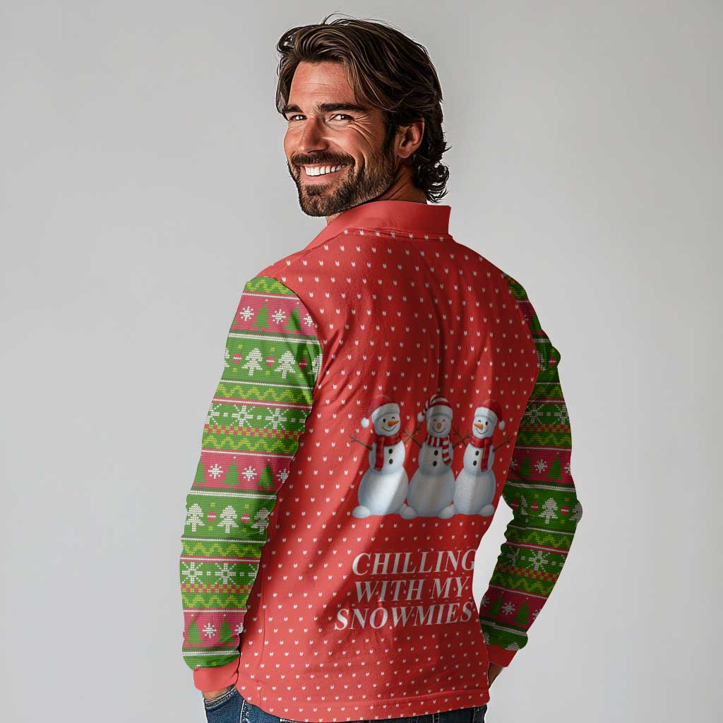 Chilling With My Snowmies Christmas Long Sleeve Polo Shirt Xmas Holiday Patterns - Wonder Print Shop