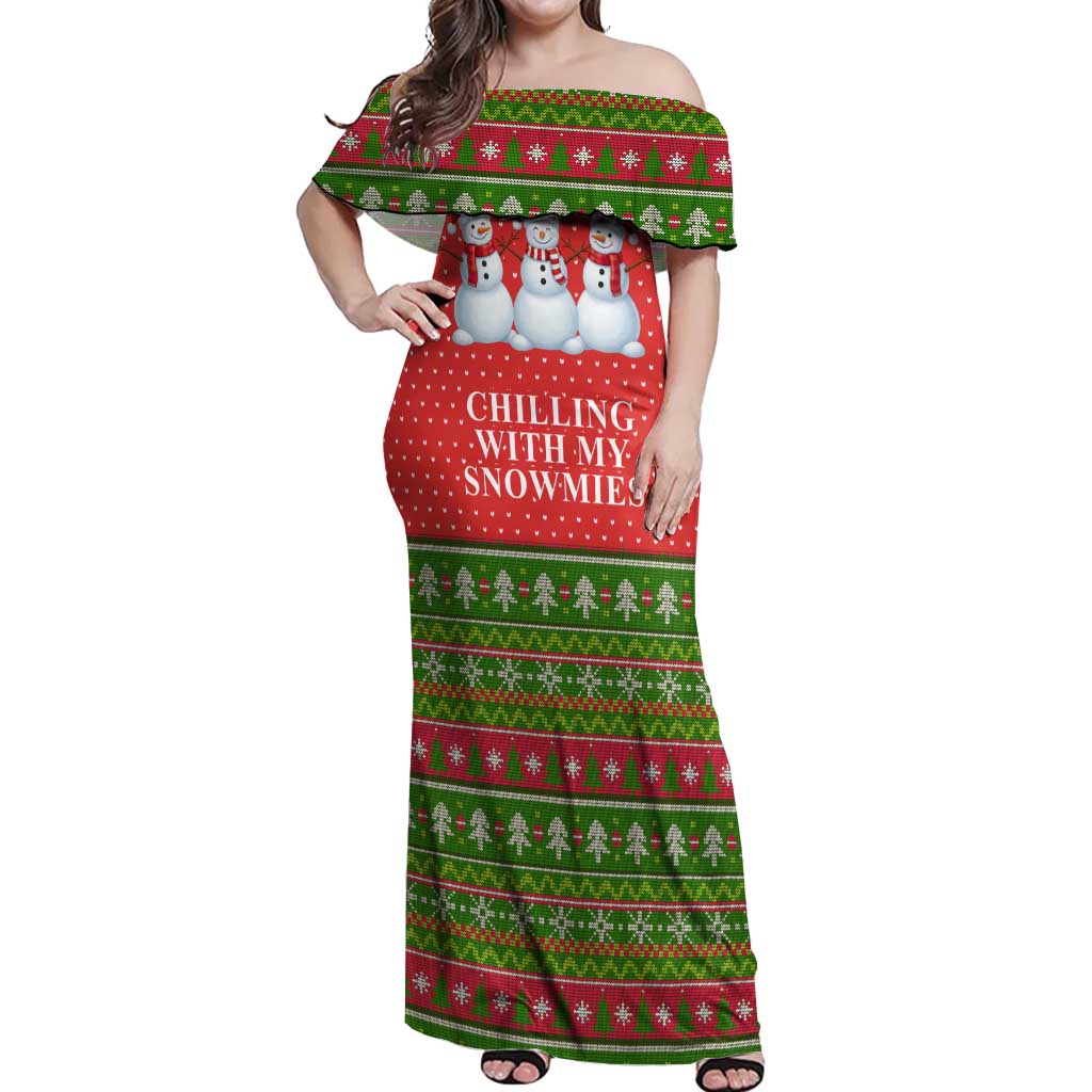 Chilling With My Snowmies Christmas Off Shoulder Maxi Dress Xmas Holiday Patterns - Wonder Print Shop