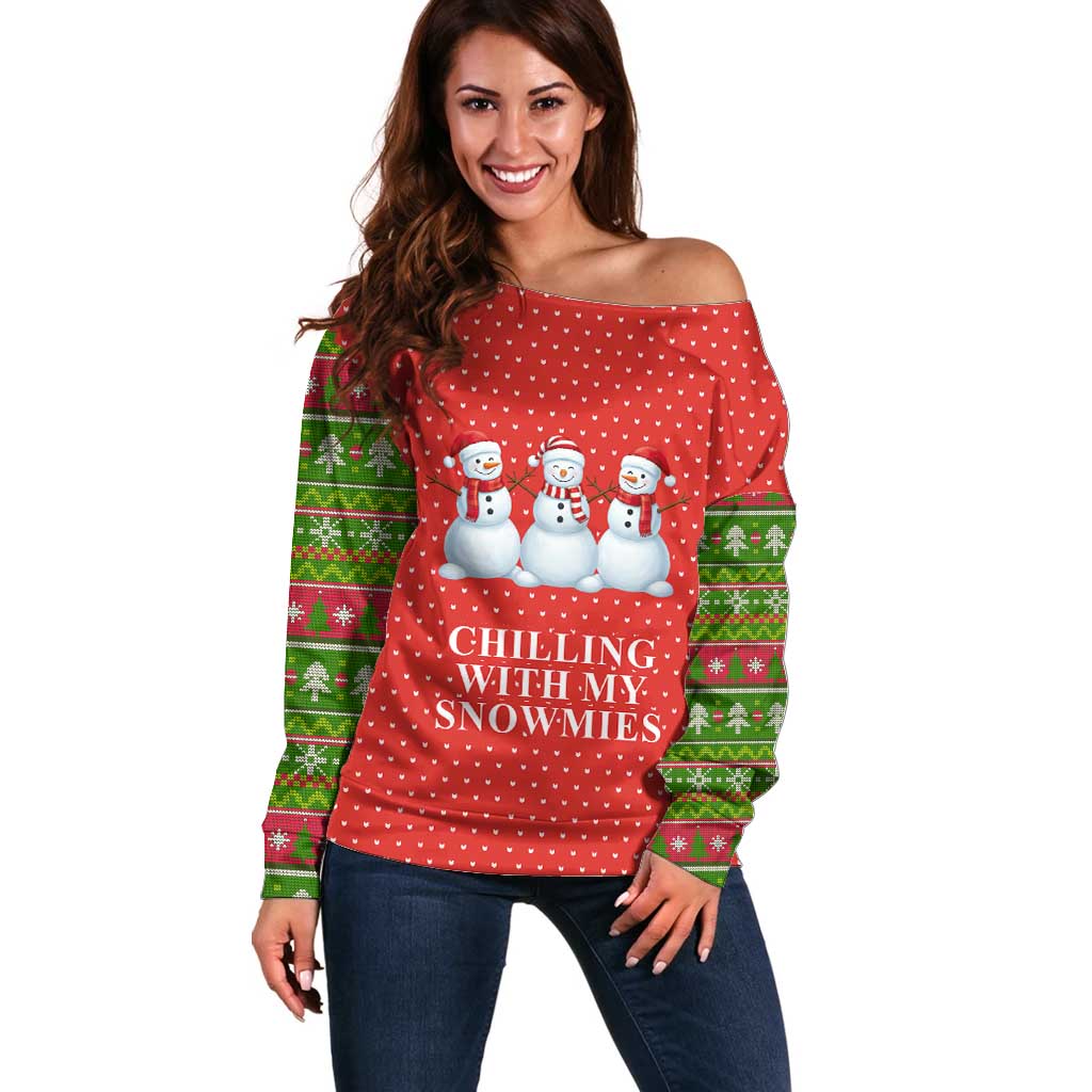 Chilling With My Snowmies Christmas Off Shoulder Sweater Xmas Holiday Patterns - Wonder Print Shop