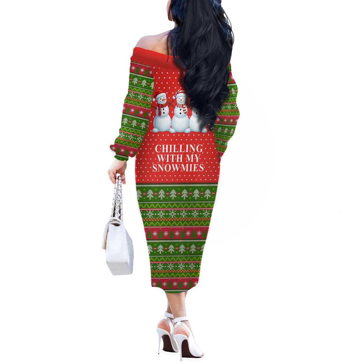 Chilling With My Snowmies Christmas Off The Shoulder Long Sleeve Dress Xmas Holiday Patterns - Wonder Print Shop