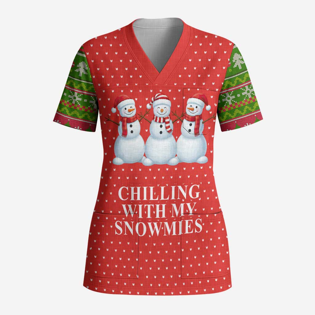 Chilling With My Snowmies Christmas Scrub Top Xmas Holiday Patterns - Wonder Print Shop