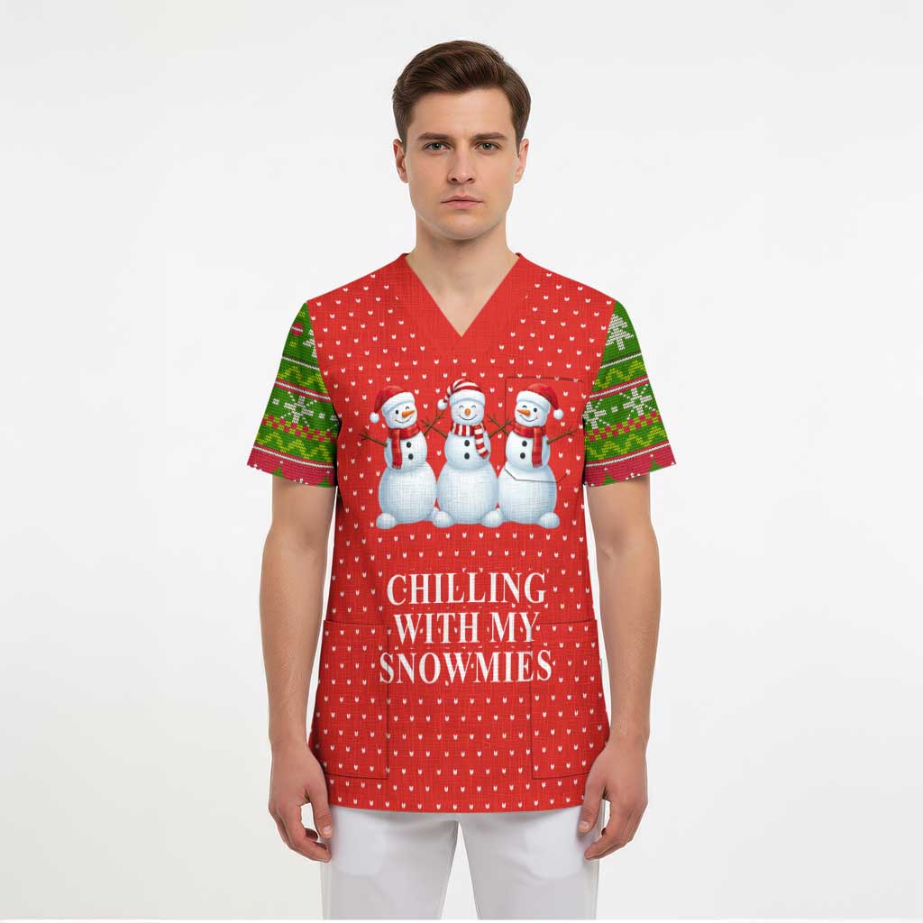 Chilling With My Snowmies Christmas Scrub Top Xmas Holiday Patterns - Wonder Print Shop