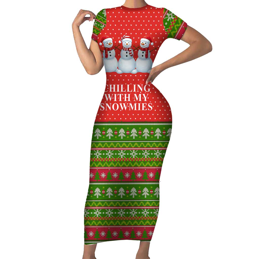 Chilling With My Snowmies Christmas Short Sleeve Bodycon Dress Xmas Holiday Patterns - Wonder Print Shop