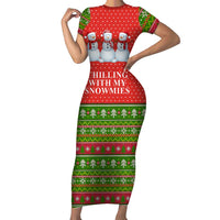 Chilling With My Snowmies Christmas Short Sleeve Bodycon Dress Xmas Holiday Patterns - Wonder Print Shop