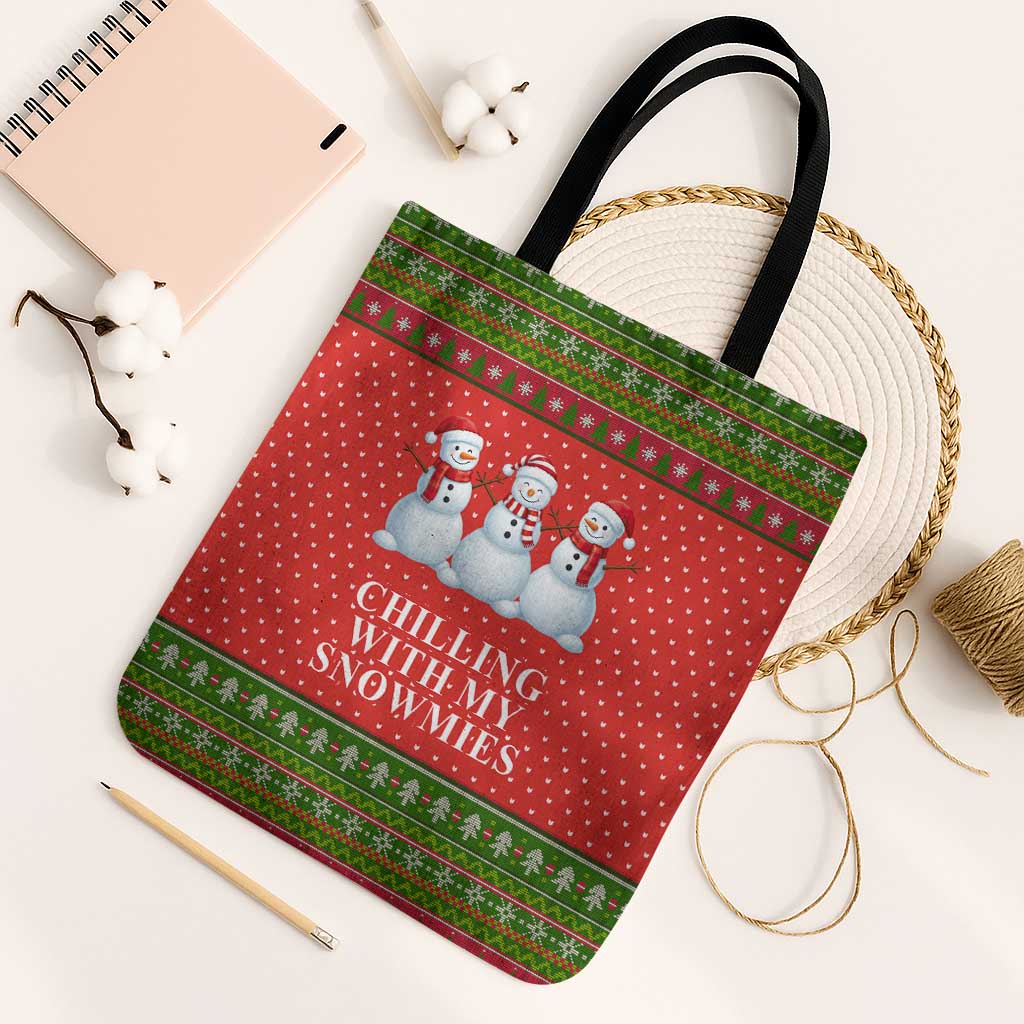 Chilling With My Snowmies Christmas Tote Bag Xmas Holiday Patterns - Wonder Print Shop