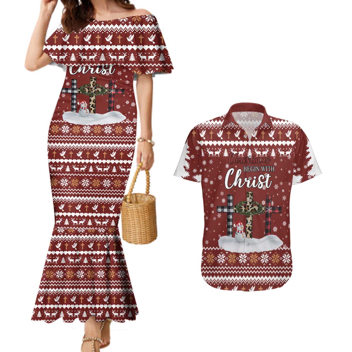 Christian Noel Christmas Couples Matching Mermaid Dress and Hawaiian Shirt Xmas Holiday Patterns - Wonder Print Shop
