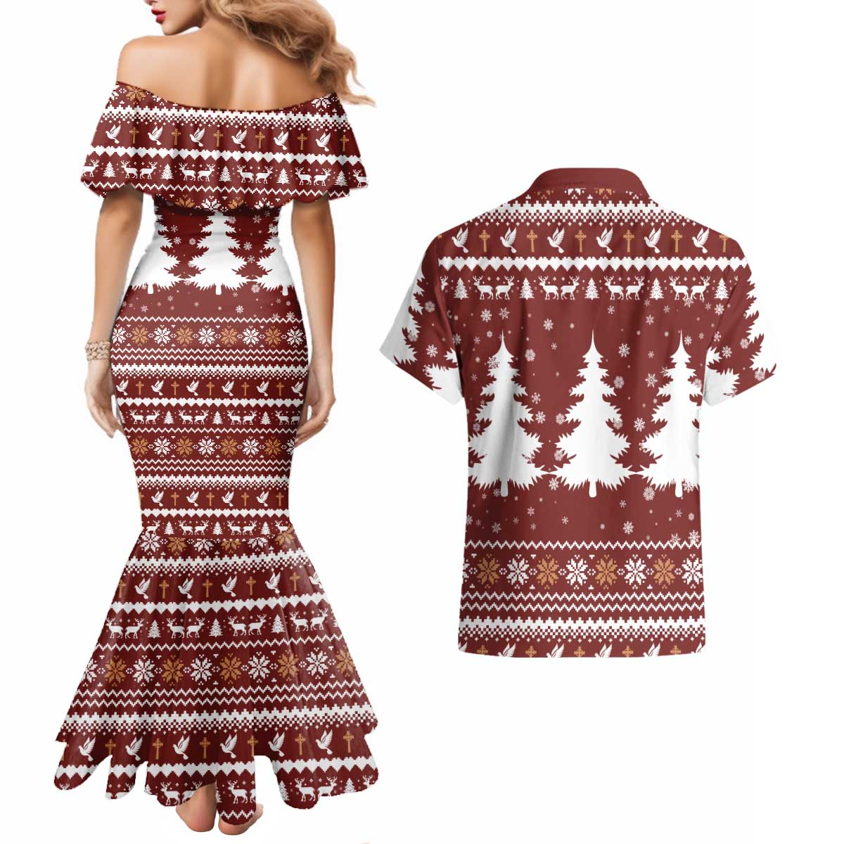 Christian Noel Christmas Couples Matching Mermaid Dress and Hawaiian Shirt Xmas Holiday Patterns - Wonder Print Shop
