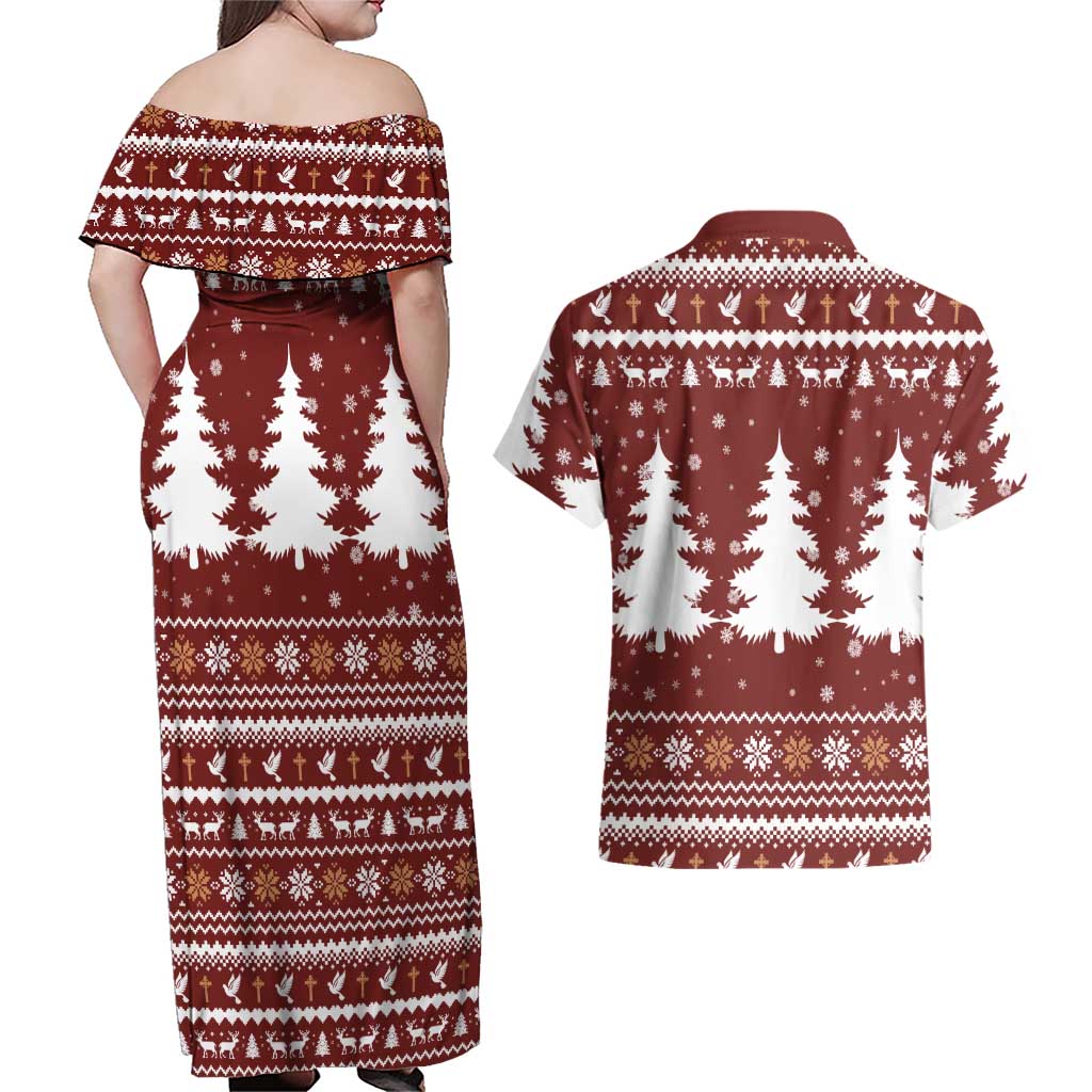 Christian Noel Christmas Couples Matching Off Shoulder Maxi Dress and Hawaiian Shirt Xmas Holiday Patterns - Wonder Print Shop