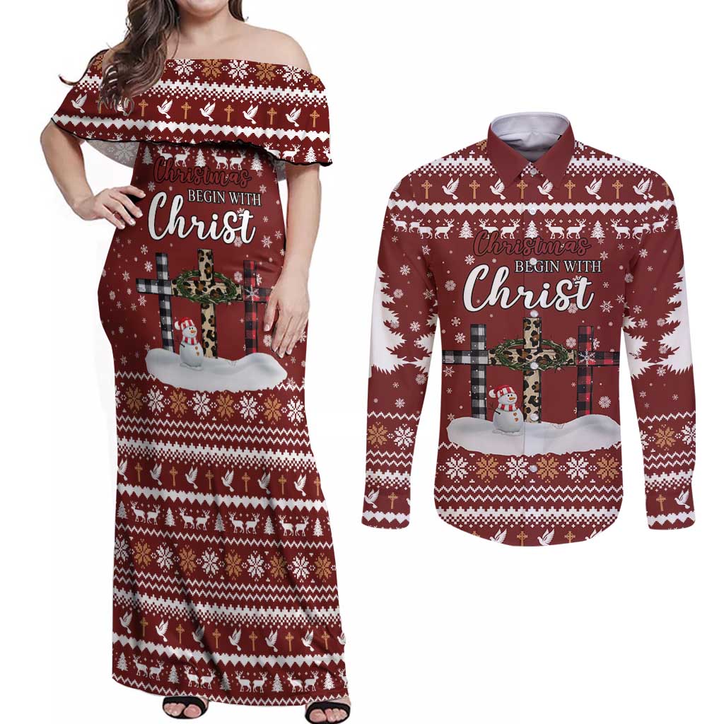 Christian Noel Christmas Couples Matching Off Shoulder Maxi Dress and Long Sleeve Button Shirt Xmas Holiday Patterns - Wonder Print Shop