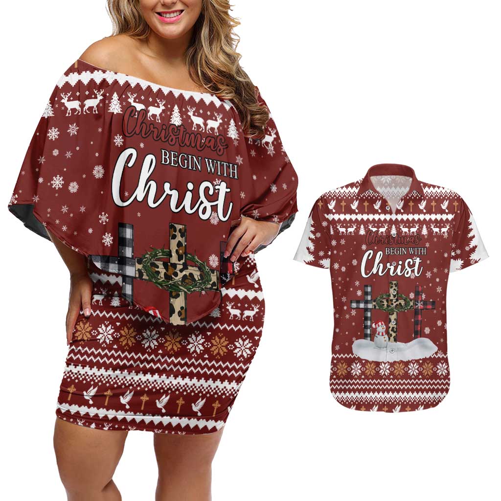 Christian Noel Christmas Couples Matching Off Shoulder Short Dress and Hawaiian Shirt Xmas Holiday Patterns - Wonder Print Shop