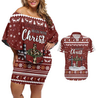 Christian Noel Christmas Couples Matching Off Shoulder Short Dress and Hawaiian Shirt Xmas Holiday Patterns - Wonder Print Shop
