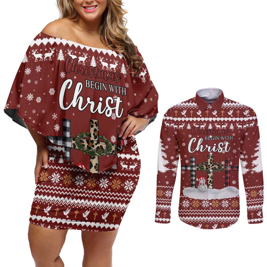 Christian Noel Christmas Couples Matching Off Shoulder Short Dress and Long Sleeve Button Shirt Xmas Holiday Patterns - Wonder Print Shop
