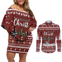 Christian Noel Christmas Couples Matching Off Shoulder Short Dress and Long Sleeve Button Shirt Xmas Holiday Patterns - Wonder Print Shop