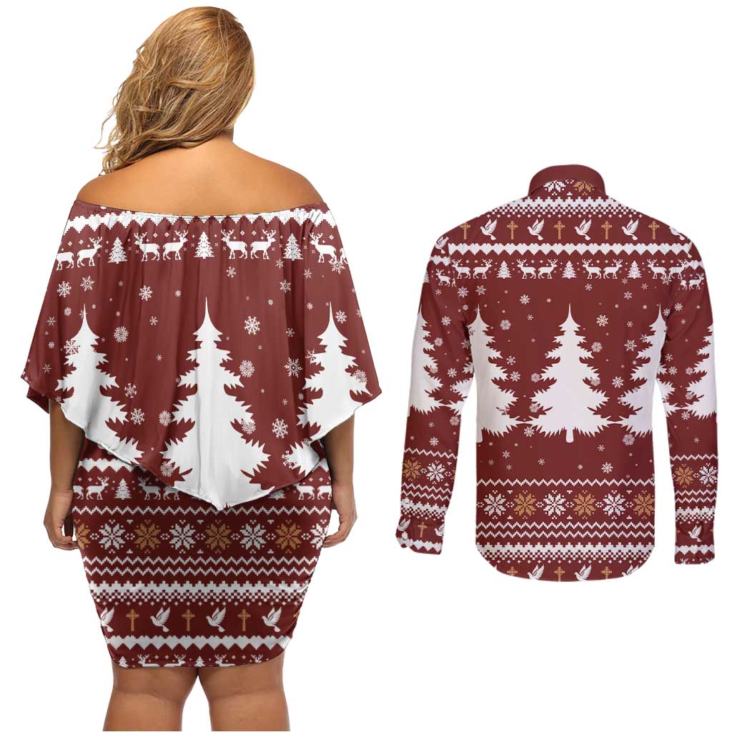 Christian Noel Christmas Couples Matching Off Shoulder Short Dress and Long Sleeve Button Shirt Xmas Holiday Patterns - Wonder Print Shop