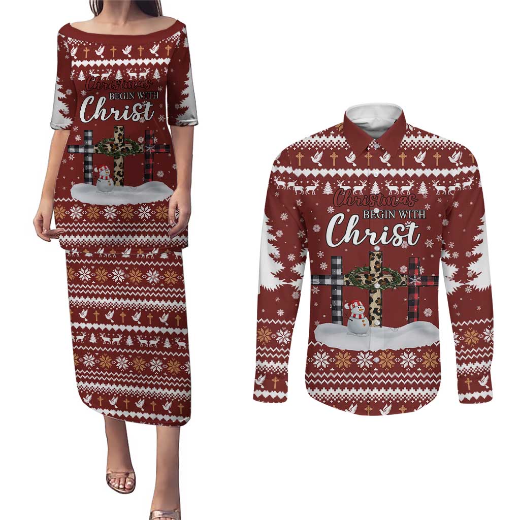 Christian Noel Christmas Couples Matching Puletasi and Long Sleeve Button Shirt Xmas Holiday Patterns - Wonder Print Shop