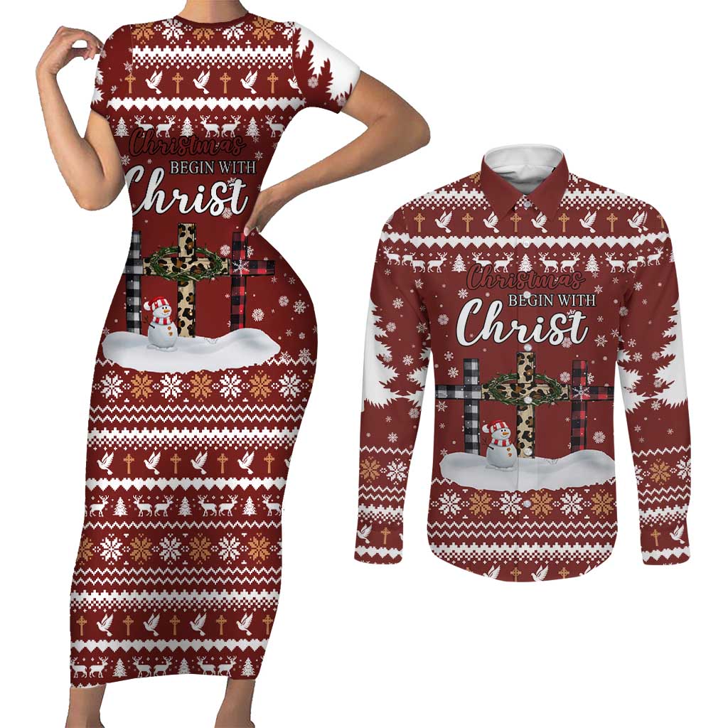 Christian Noel Christmas Couples Matching Short Sleeve Bodycon Dress and Long Sleeve Button Shirt Xmas Holiday Patterns - Wonder Print Shop