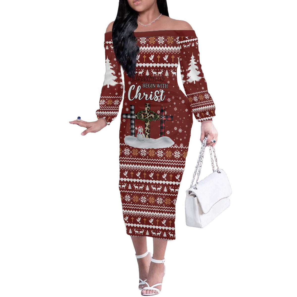 Christian Noel Christmas Off The Shoulder Long Sleeve Dress Xmas Holiday Patterns - Wonder Print Shop