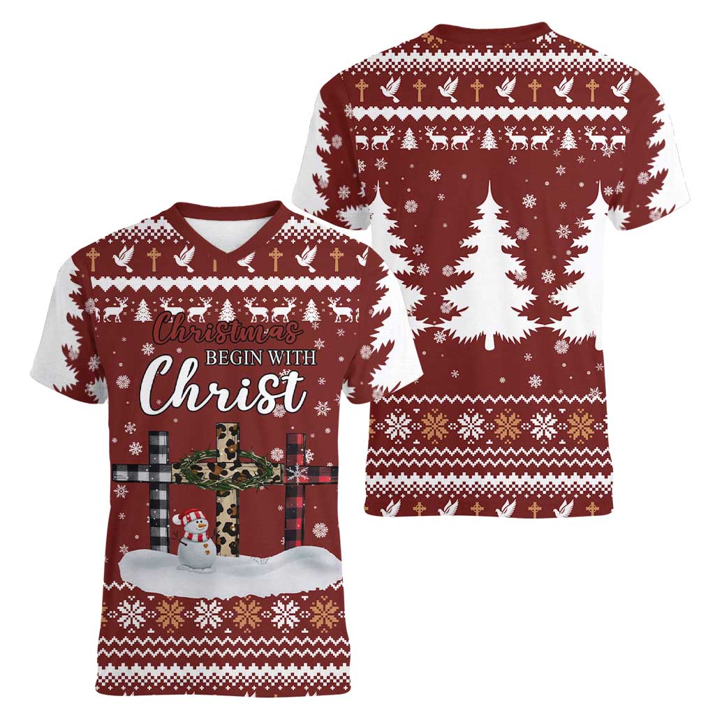 Christian Noel Christmas Women V-Neck T-Shirt Xmas Holiday Patterns - Wonder Print Shop