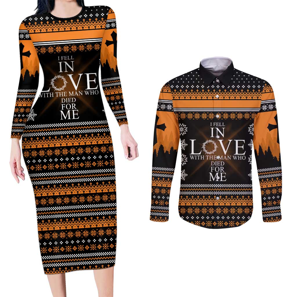 Christian Xmas Christmas Couples Matching Long Sleeve Bodycon Dress and Long Sleeve Button Shirt Xmas Holiday Patterns