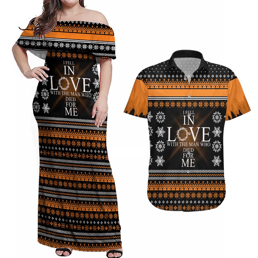 Christian Xmas Christmas Couples Matching Off Shoulder Maxi Dress and Hawaiian Shirt Xmas Holiday Patterns