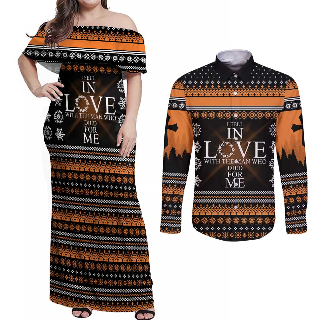 Christian Xmas Christmas Couples Matching Off Shoulder Maxi Dress and Long Sleeve Button Shirt Xmas Holiday Patterns