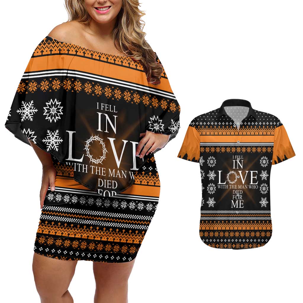 Christian Xmas Christmas Couples Matching Off Shoulder Short Dress and Hawaiian Shirt Xmas Holiday Patterns