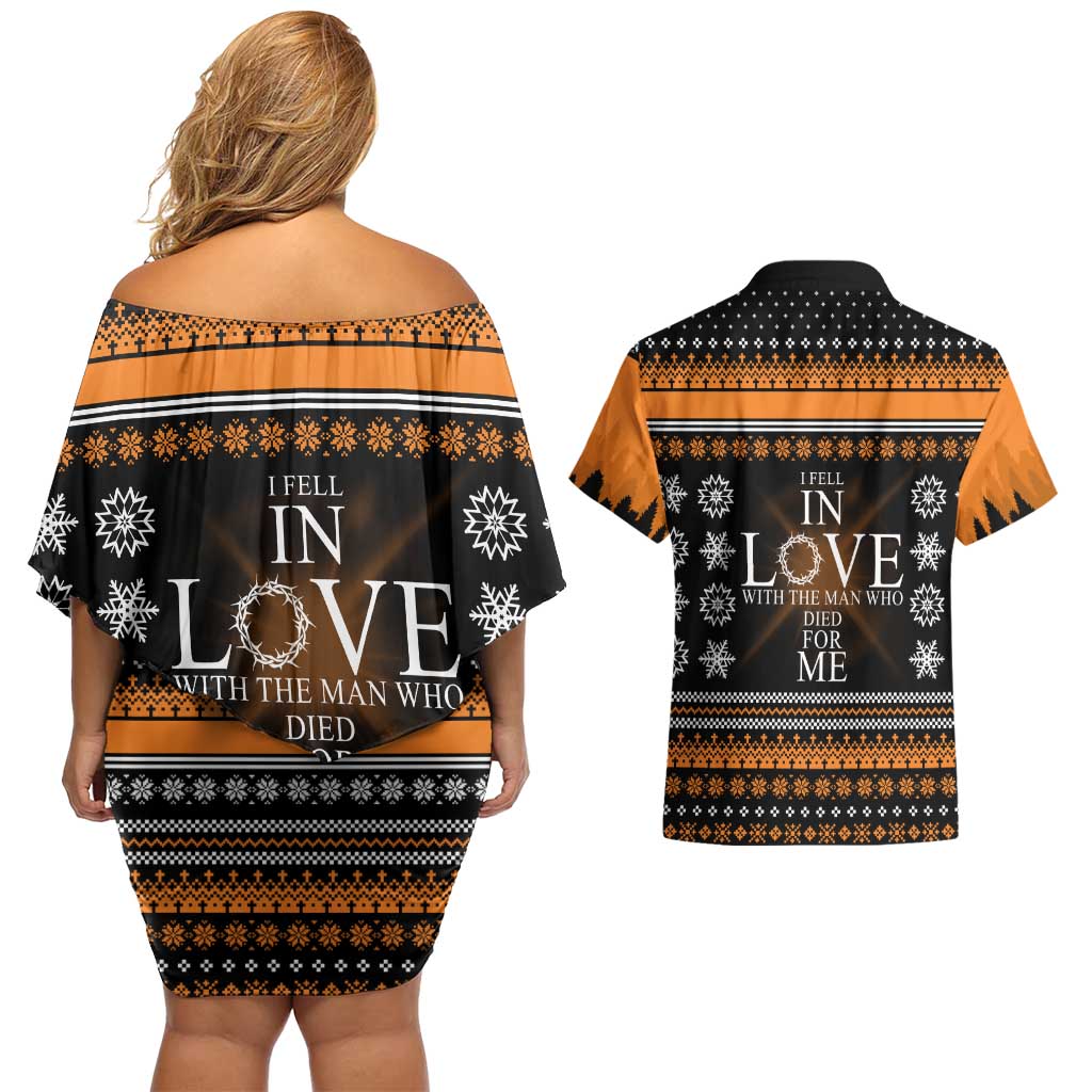 Christian Xmas Christmas Couples Matching Off Shoulder Short Dress and Hawaiian Shirt Xmas Holiday Patterns