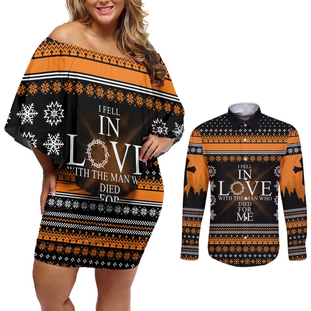 Christian Xmas Christmas Couples Matching Off Shoulder Short Dress and Long Sleeve Button Shirt Xmas Holiday Patterns
