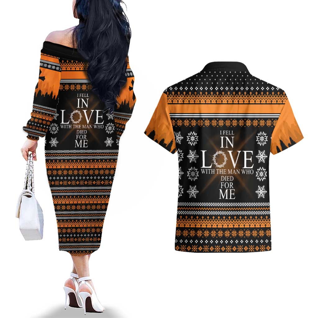 Christian Xmas Christmas Couples Matching Off The Shoulder Long Sleeve Dress and Hawaiian Shirt Xmas Holiday Patterns