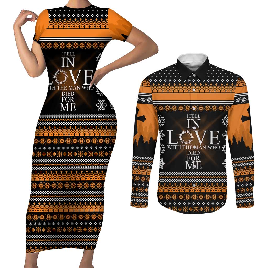 Christian Xmas Christmas Couples Matching Short Sleeve Bodycon Dress and Long Sleeve Button Shirt Xmas Holiday Patterns