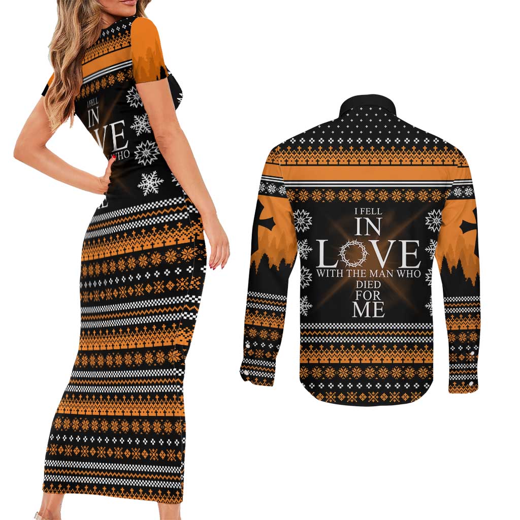 Christian Xmas Christmas Couples Matching Short Sleeve Bodycon Dress and Long Sleeve Button Shirt Xmas Holiday Patterns