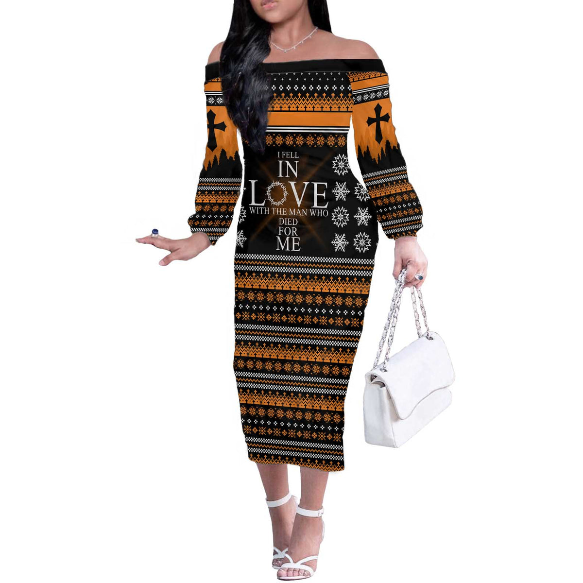 Christian Xmas Christmas Off The Shoulder Long Sleeve Dress Xmas Holiday Patterns