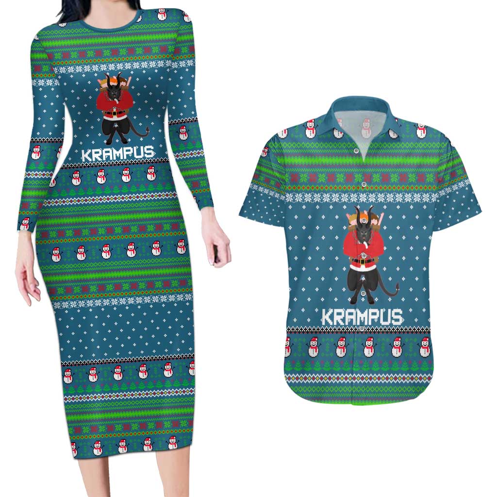 Merry Krampus Christmas Couples Matching Long Sleeve Bodycon Dress and Hawaiian Shirt Xmas Holiday Patterns - Wonder Print Shop