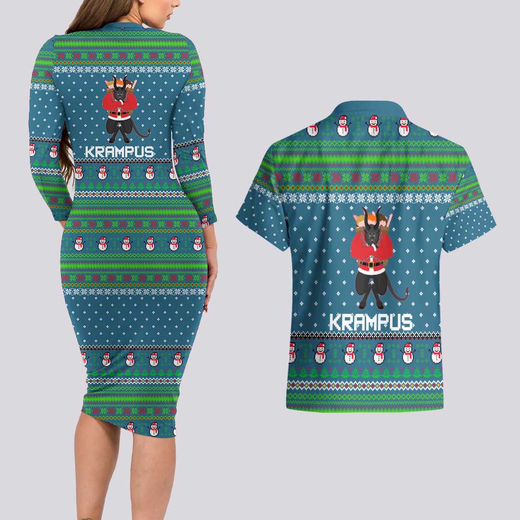 Merry Krampus Christmas Couples Matching Long Sleeve Bodycon Dress and Hawaiian Shirt Xmas Holiday Patterns - Wonder Print Shop