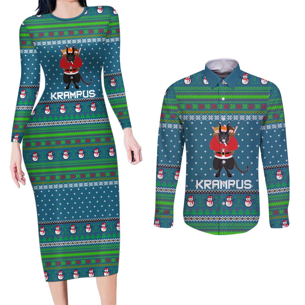 Merry Krampus Christmas Couples Matching Long Sleeve Bodycon Dress and Long Sleeve Button Shirt Xmas Holiday Patterns - Wonder Print Shop