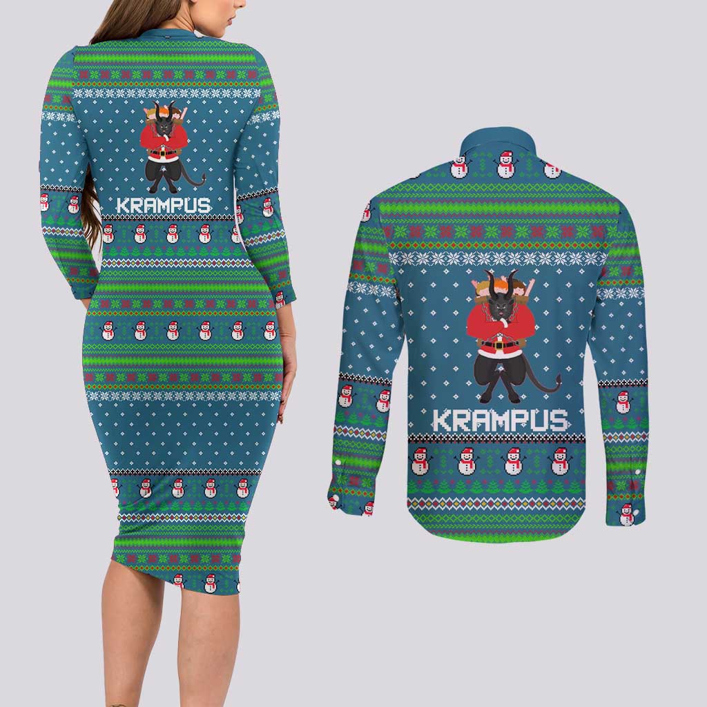 Merry Krampus Christmas Couples Matching Long Sleeve Bodycon Dress and Long Sleeve Button Shirt Xmas Holiday Patterns - Wonder Print Shop