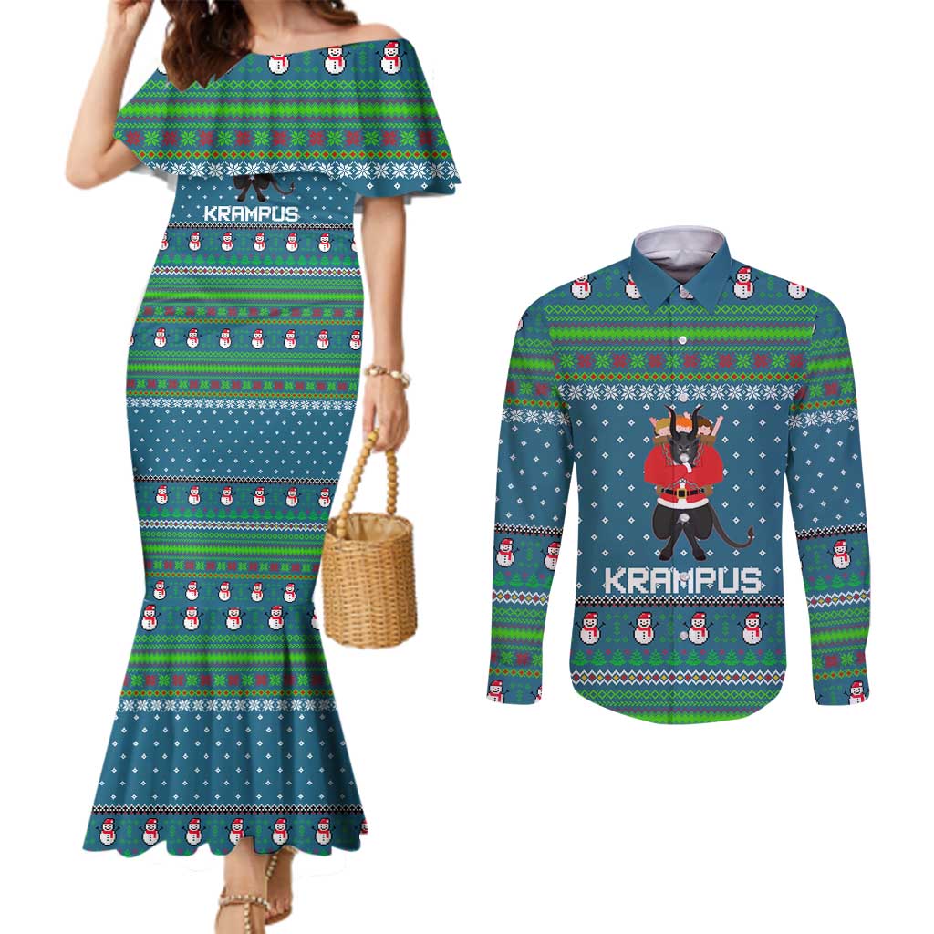 Merry Krampus Christmas Couples Matching Mermaid Dress and Long Sleeve Button Shirt Xmas Holiday Patterns - Wonder Print Shop