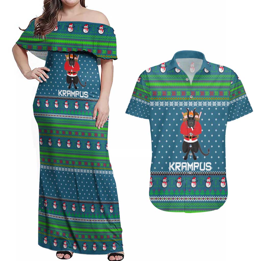 Merry Krampus Christmas Couples Matching Off Shoulder Maxi Dress and Hawaiian Shirt Xmas Holiday Patterns - Wonder Print Shop