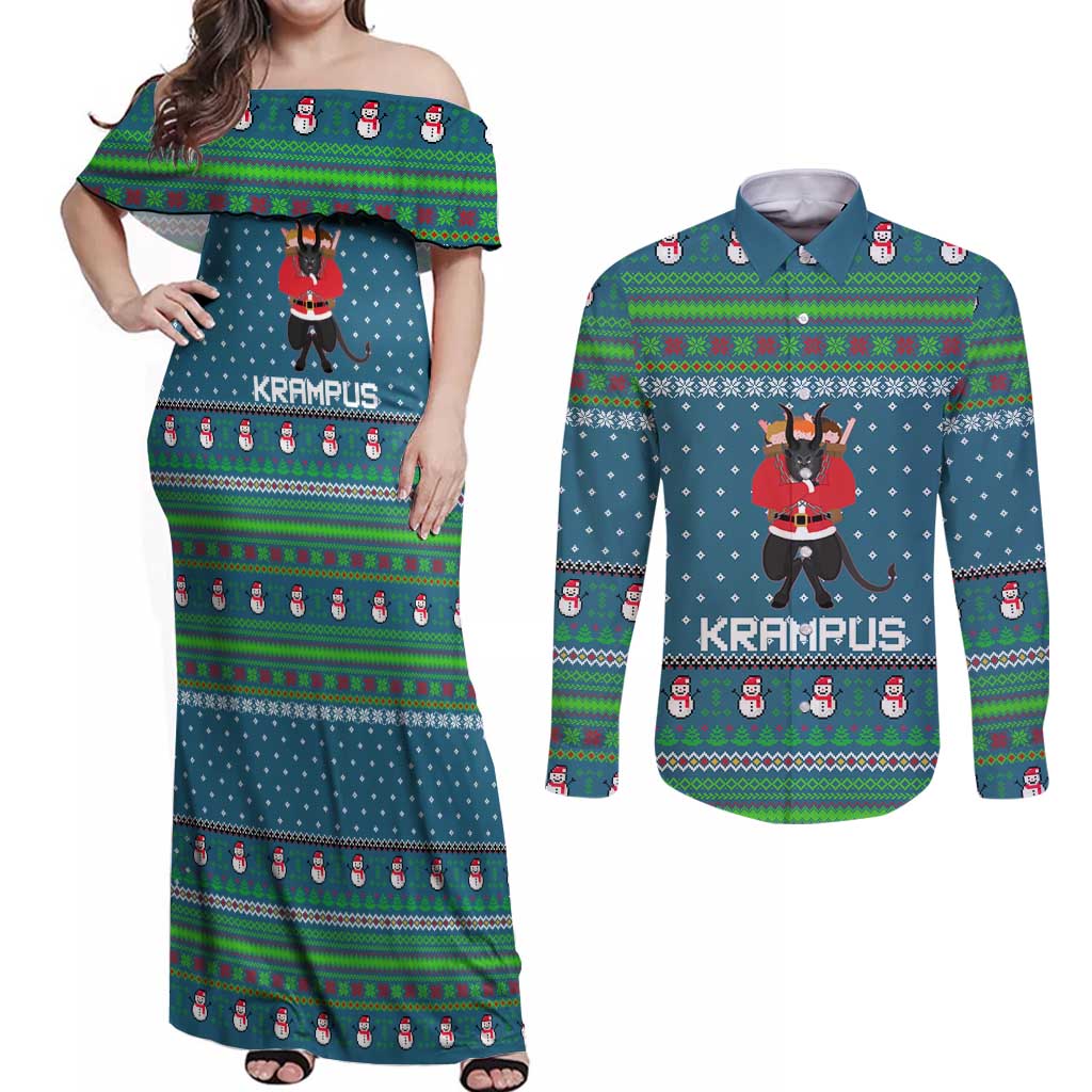 Merry Krampus Christmas Couples Matching Off Shoulder Maxi Dress and Long Sleeve Button Shirt Xmas Holiday Patterns - Wonder Print Shop