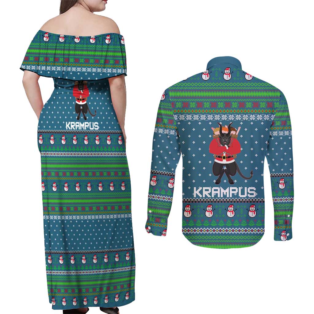 Merry Krampus Christmas Couples Matching Off Shoulder Maxi Dress and Long Sleeve Button Shirt Xmas Holiday Patterns - Wonder Print Shop