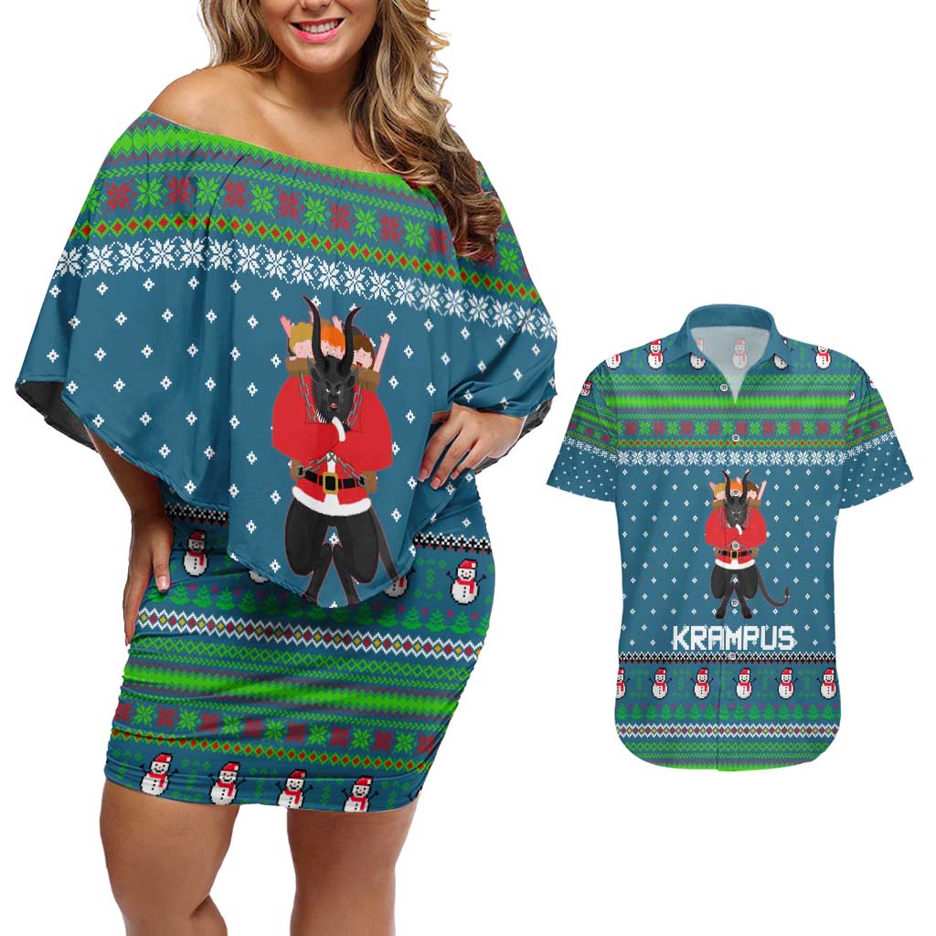 Merry Krampus Christmas Couples Matching Off Shoulder Short Dress and Hawaiian Shirt Xmas Holiday Patterns - Wonder Print Shop