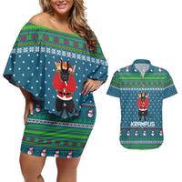 Merry Krampus Christmas Couples Matching Off Shoulder Short Dress and Hawaiian Shirt Xmas Holiday Patterns - Wonder Print Shop
